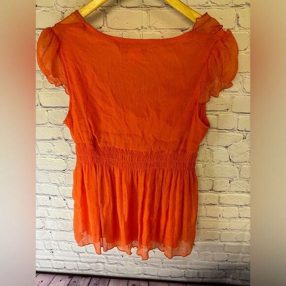 NWT Grifflin Paris Orange Babydoll Smocked Cap Sleeve Sheer 90s Boho Top Size S - Picture 4 of 8